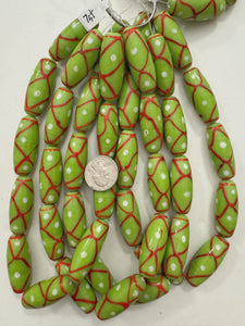 dot crossing line motif glass, red white lime green, 41x16mm bowed tube, sold per 15" strand