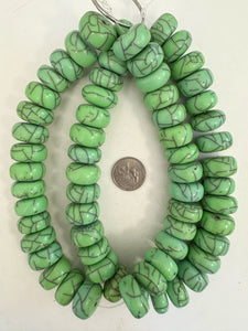 crackle motif resin, black bright mint green, 22x12mm rondelle, 15" strand, sold per strand