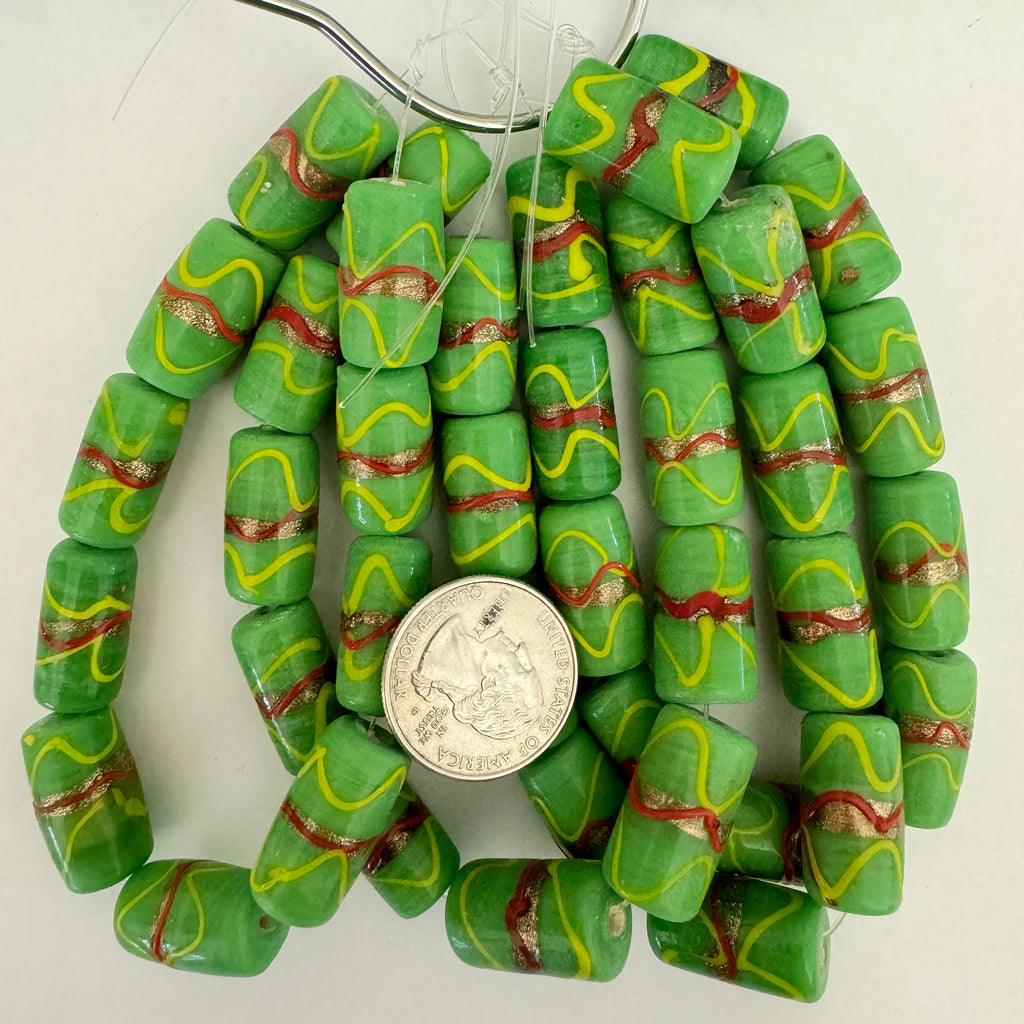 wavy lines motif glass, lime green red yellow copper, 22x12mm tube mix, 10 piece strand, sold per strand