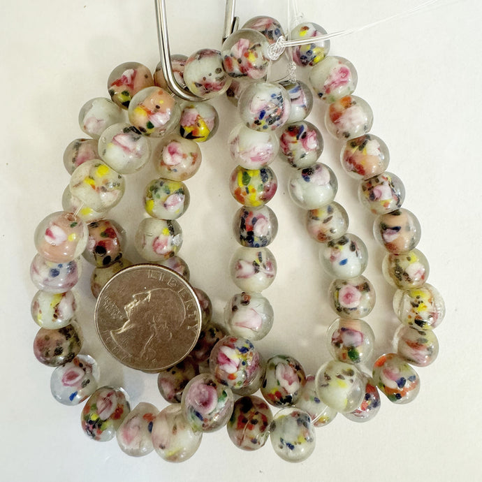 dotted motif glass, multi color on white inside lined, 11mm round, 22 piece strand, sold per strand