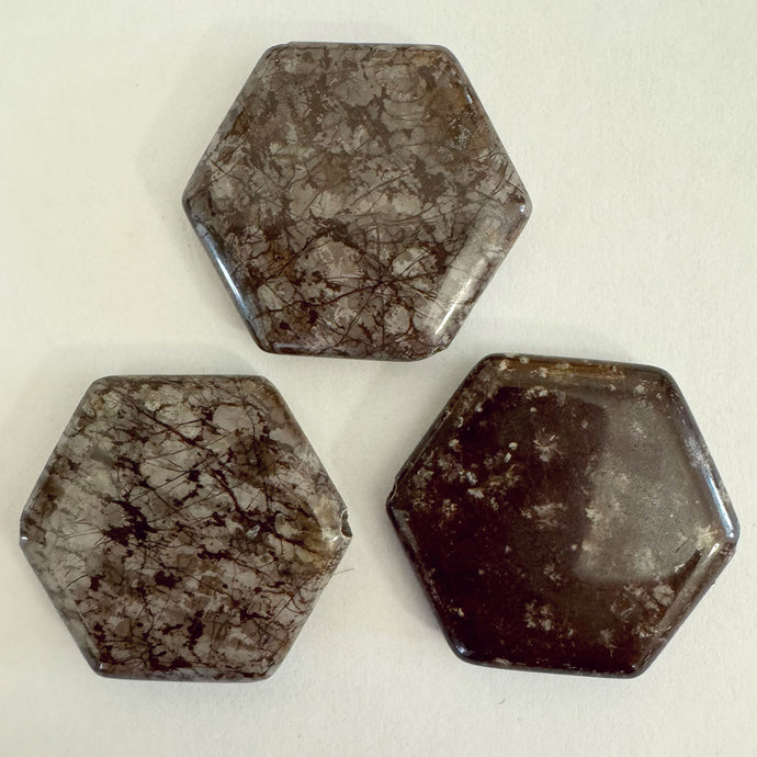 brown snowflake obsidian, 24x24x5mm puff hexagon, sold per single bead