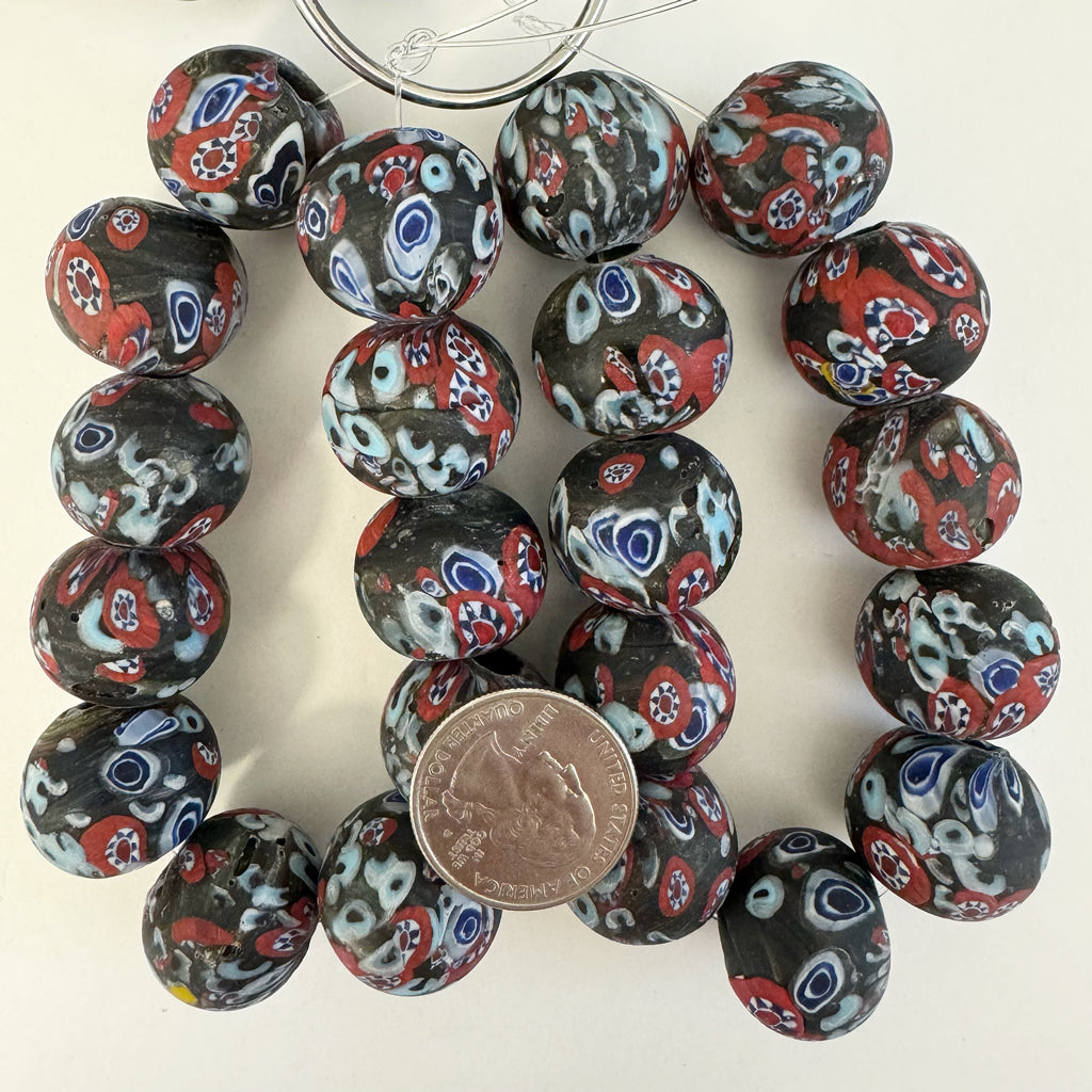 millefiori motif glass, matte black red blue white, 20mm mixed size round, 11 piece strand, sold per strand