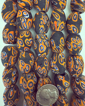 millefiori motif glass, matte orange blue white black, 23x18mm mixed size barrel, 15" strand, sold per strand  (NEW CLEARANCE PRICE)