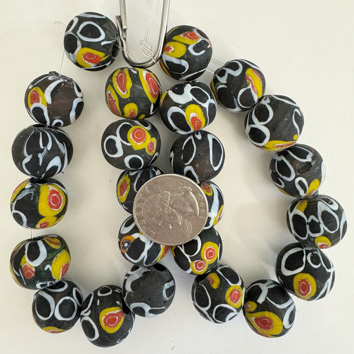 circles motif glass, matte black white red yellow, 19mm round size mix, 12 piece strand, sold per strand