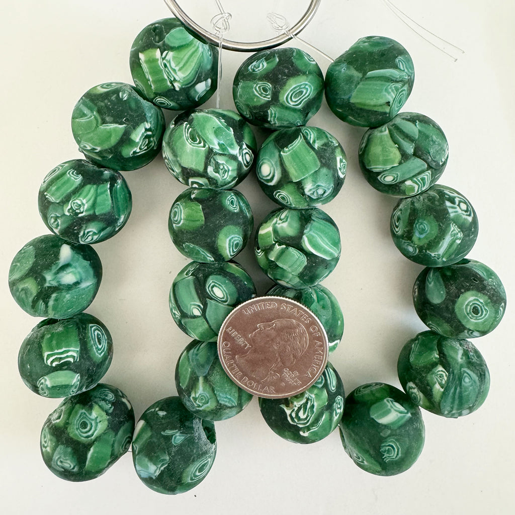 millefiori motif glass, matte green white, 20mm mixed size round, 11 piece strand, sold per strand