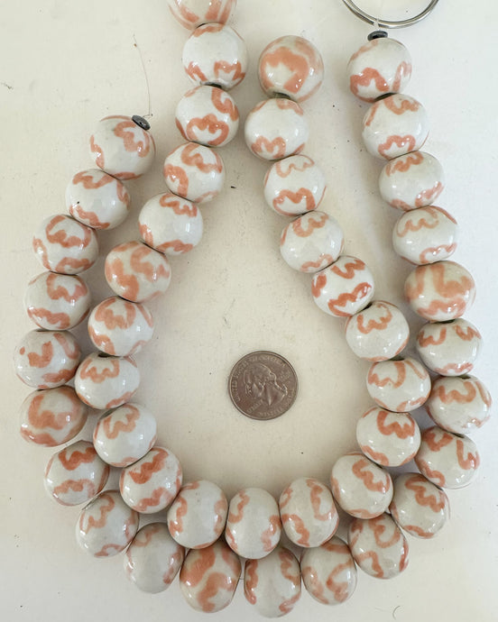 pale peach pink off white, floral motif ceramic, 21x18mm rondelle, 15