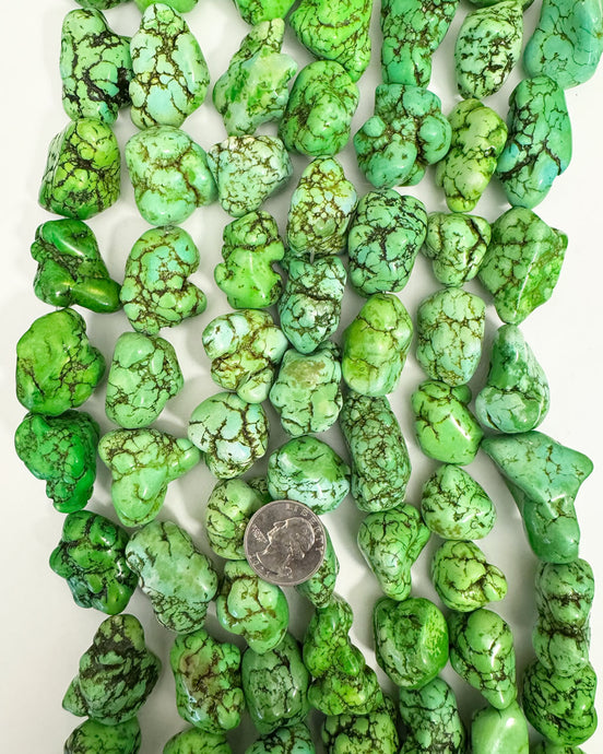 color enhanced green magnesite beads, 22-44mm nugget mix, 15