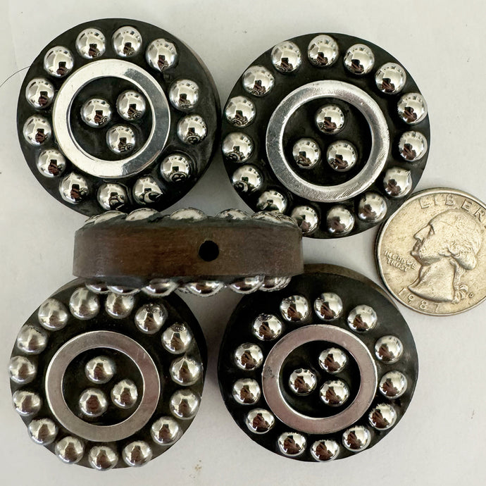 antique silver plated metal inlays over wood, 36x36x12mm dotted puff coin,  sold per piece