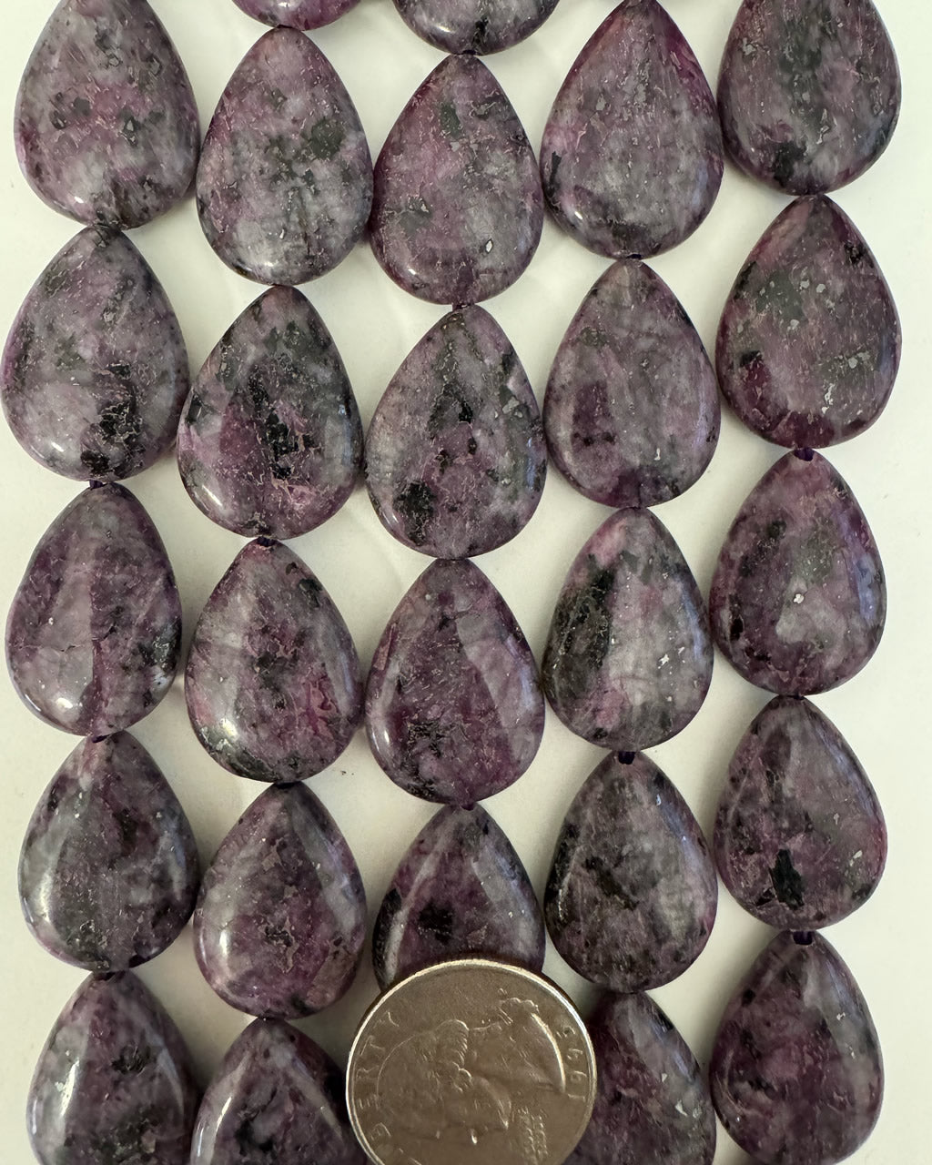 color enhanced grape purple larvikite, 24x18x7mm puff teardrop pear, 15