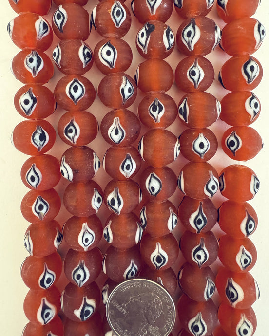 evil eye motif glass, matte finish, dark pale orange red black white, 15x11mm mixed size rondelle, 15