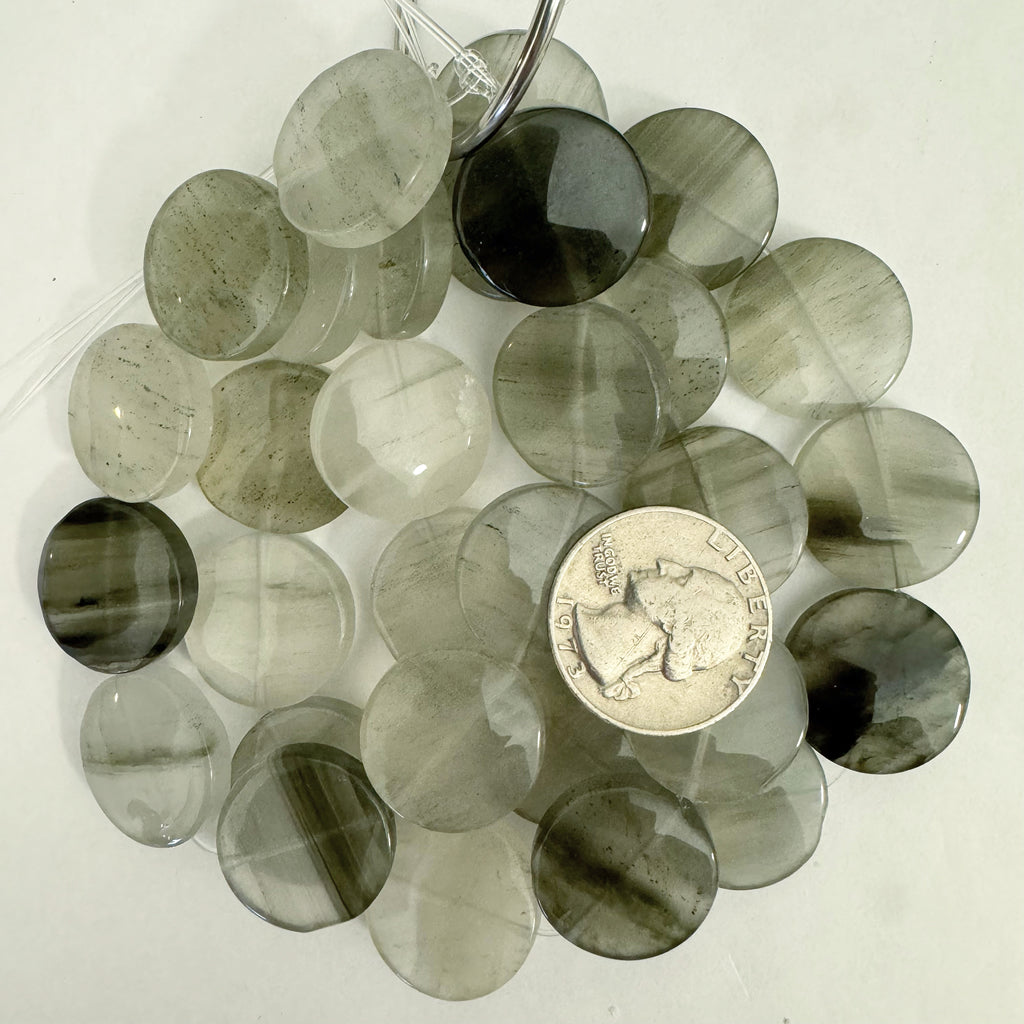 natural gray cloudy quartz, 20x20x5mm puff coin, 10pc strands, sold per strand