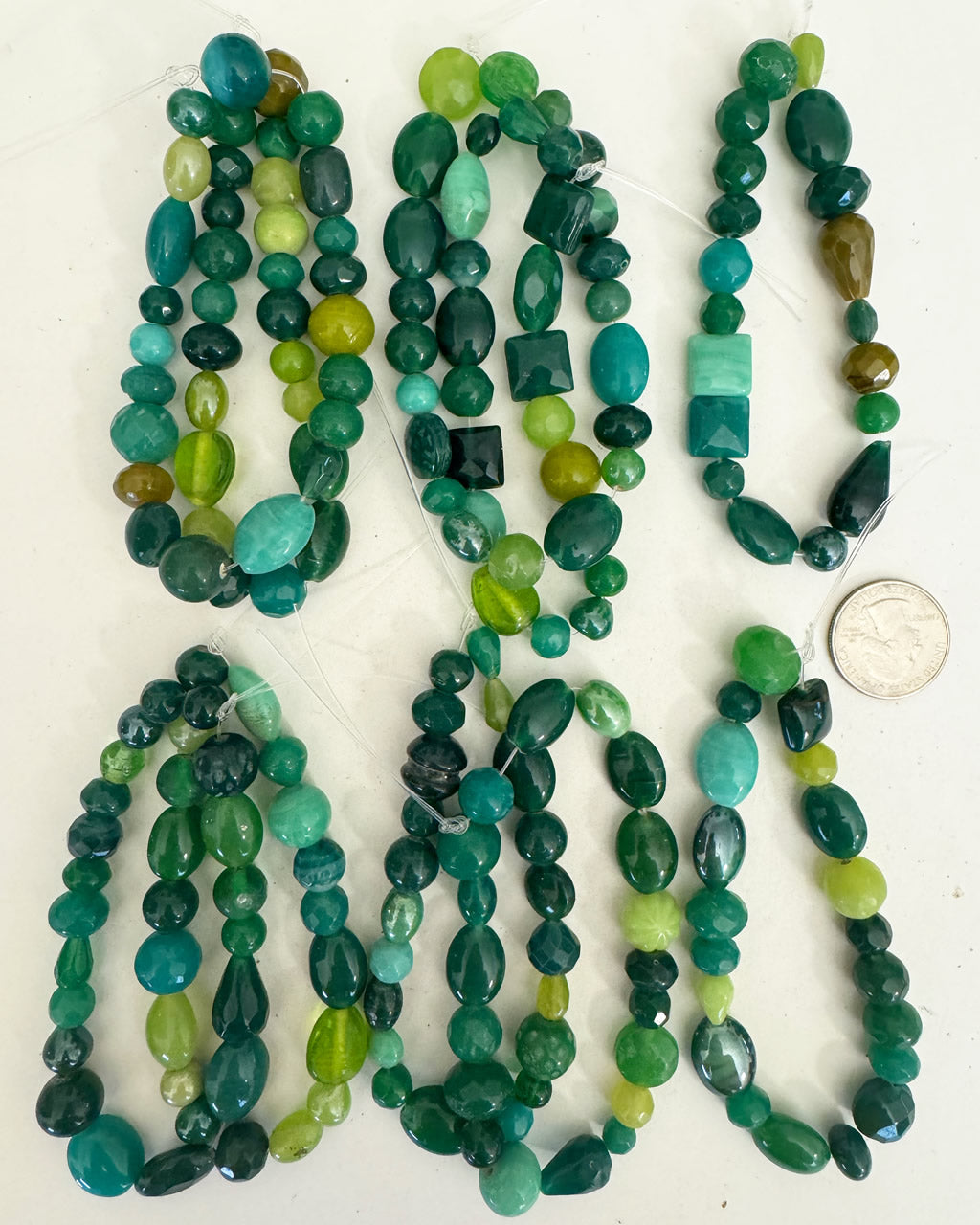 mixed motif glass, green tone mix, 8-19mm shape size mix,  10 strand closeout lot