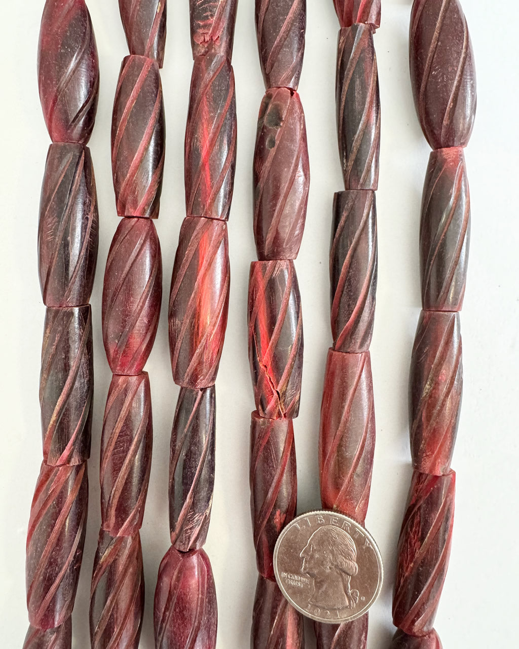 red buffalo horn,38x11mm hand carved twisting lines bowed tube mix,  15