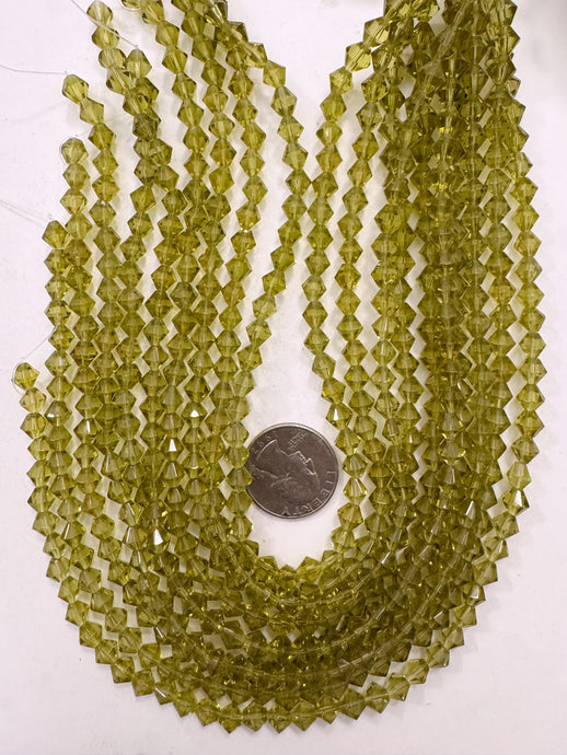 glass, jewel tone dark pale olive green, 6mm faceted bicone, 13.5