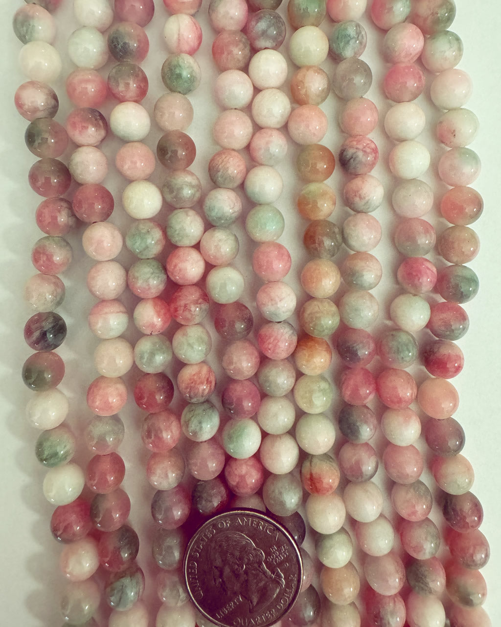 color enhanced pink green white jade, 8mm round, 15