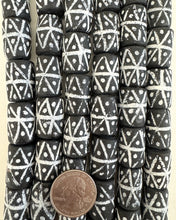 dot crossing lines motif glass, matte black white, 21x15mm tube,  15" strand, sold per strand