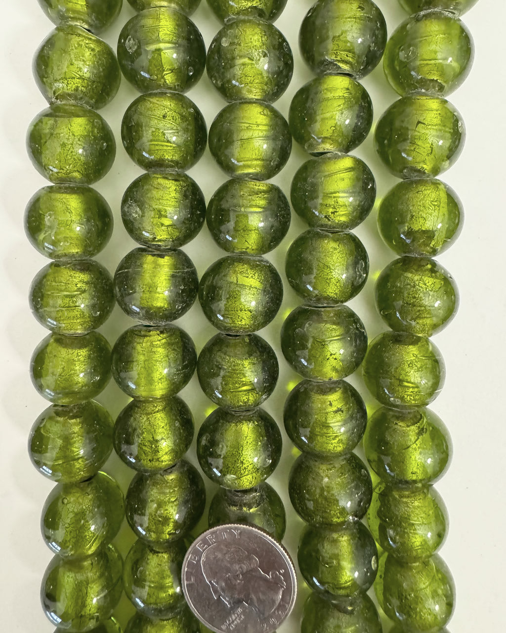 metallic inside lined glass, bright olive green, 18mm mixed size round, 15