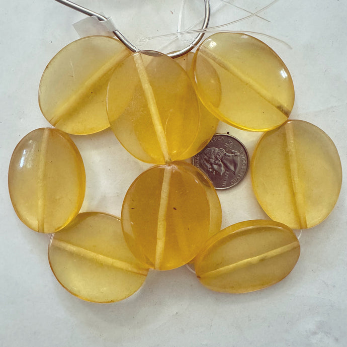 vintage look faux amber resin, translucent pale yellow orange, 42x35x9mm puff oval, 5pc strand, sold per strand