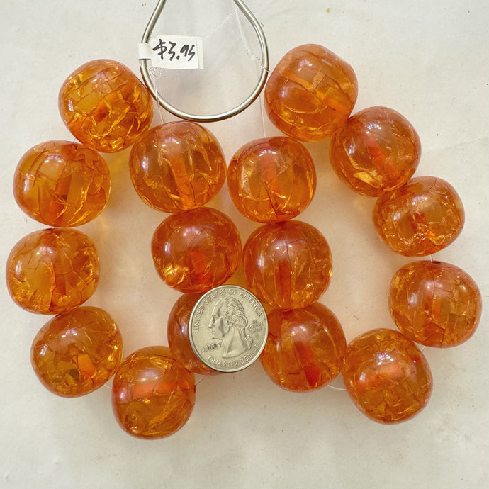 vintage look crackle faux amber resin, translucent red orange 28x25mm barrel, 8pc strand, sold per strand