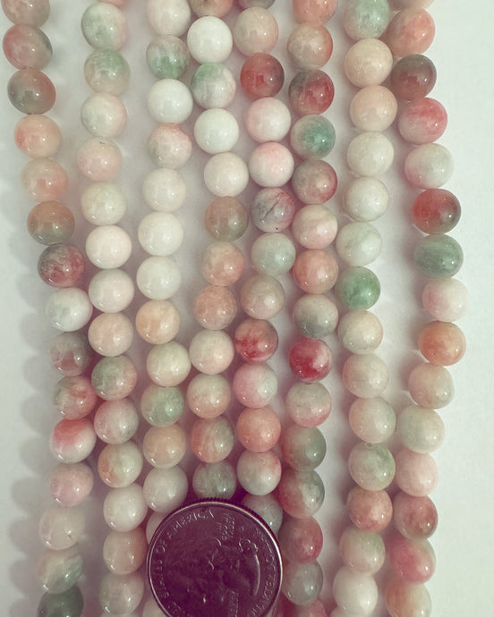 color enhanced peach green white jade, 8mm round, 15