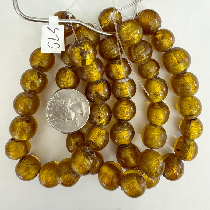 metallic foil inside lined glass, olive yellow, 15-18mm round, 16 piece strand, sold per strand