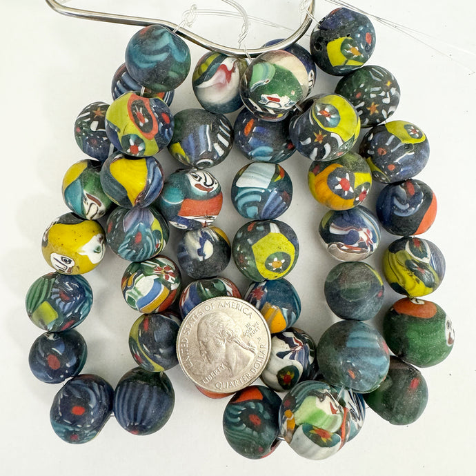 ghost face and millefiori motif glass, matte finish multi color, 17mm round size mix, 14 piece strand, sold per strand