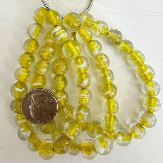 inside lined motif glass, clear white dot yellow, 12mm round, 20 piece strand, sold per strand