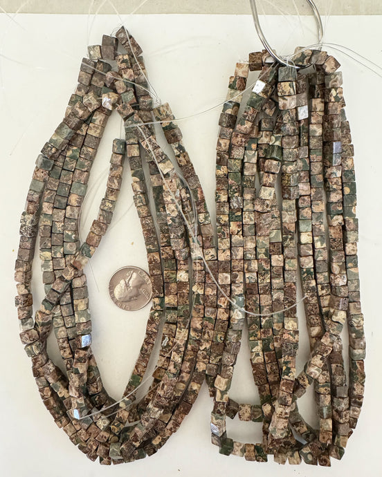 natural brown green leopard skin jasper beads, 6mm cube, 15