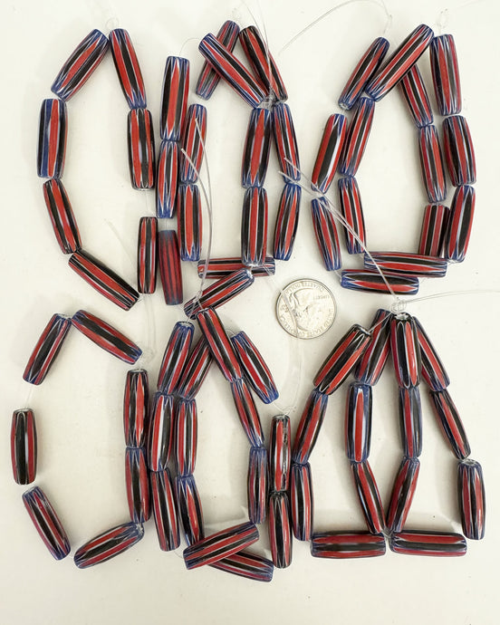 chevron motif glass, red white blue black, 30x10mm mixed size bowed tube, 10 strand closeout lot (Copy)