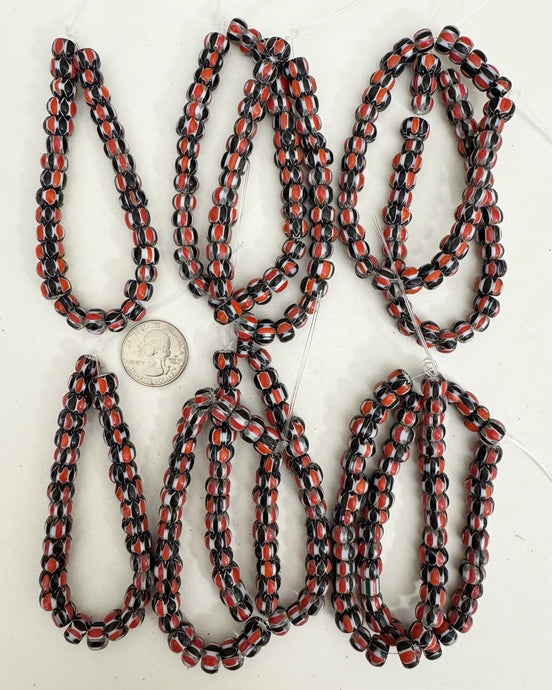 chevron motif glass, black gray pale red white, 9x6mm rondelle size mix, 10 strand closeout lot