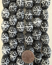 dot crossing lines motif glass, matte black white, 22x17mm barrel size mix, 15" strand, sold per strand  (NEW CLEARANCE PRICE)