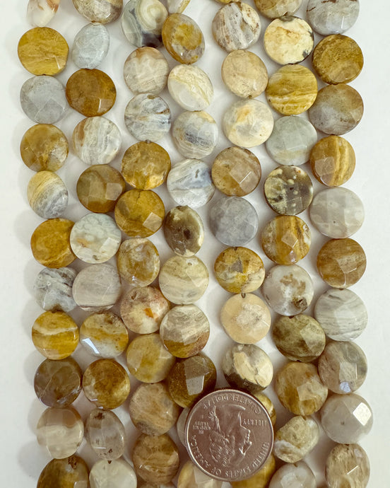 natural yellow ocean jasper, 14x14x6mm faceted puff coin, 15