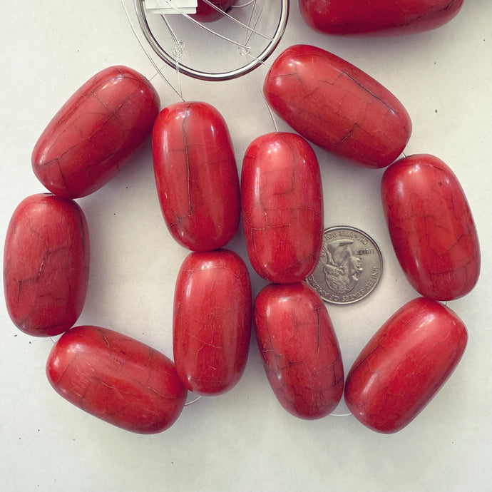 vintage weathered look crackle motif resin, pale dark coral red, 41x23mm tube, 5 piece strand, sold per strand