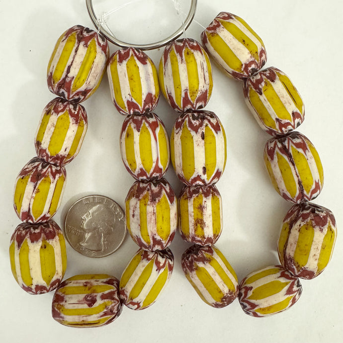 vintage chevron motif glass, yellow white red black, 19-23mm barrel mix, 9 piece strand, sold per strand