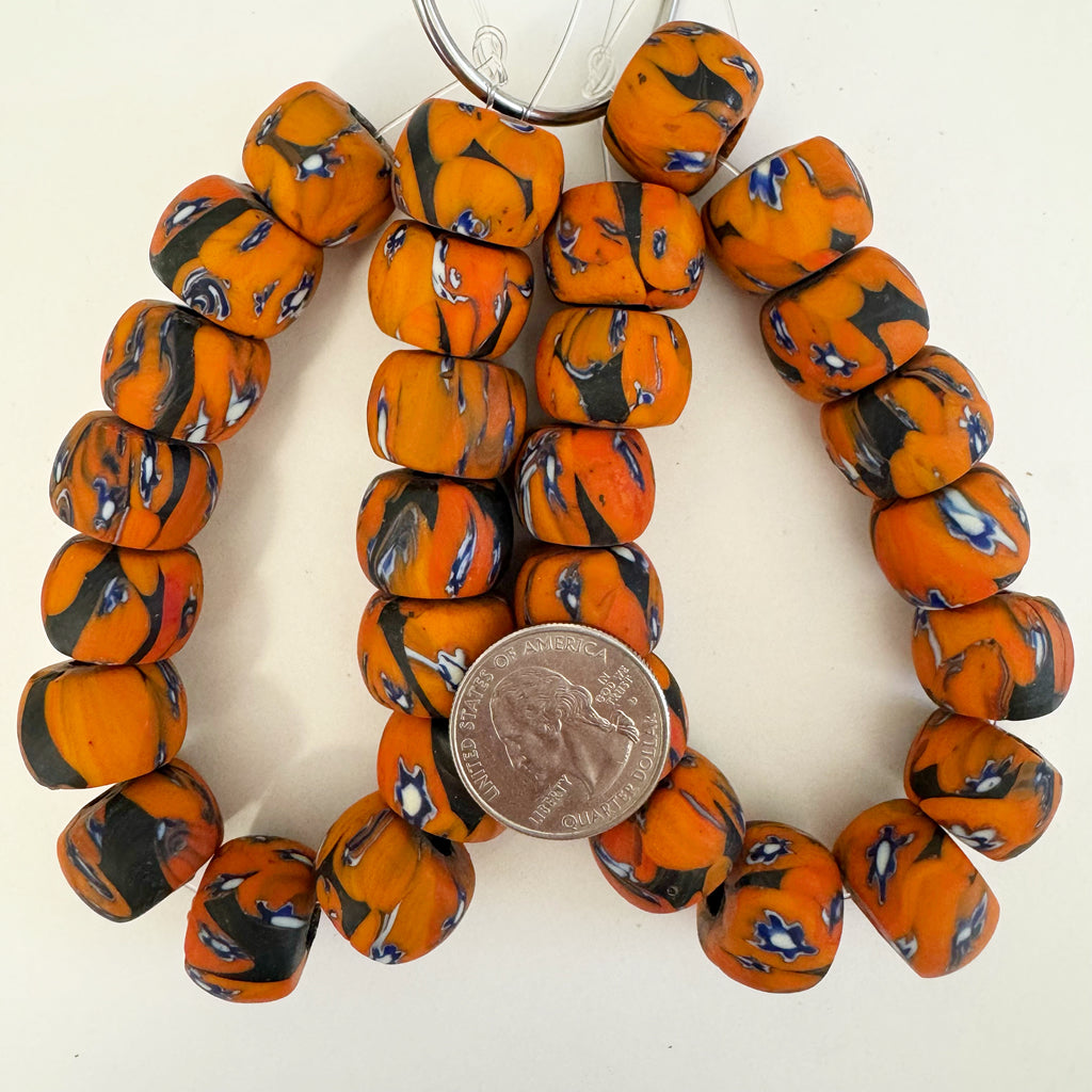 millefiori motif glass, matte black orange multi, 18x13mm mixed size rondelle, 15 piece strand, sold per strand