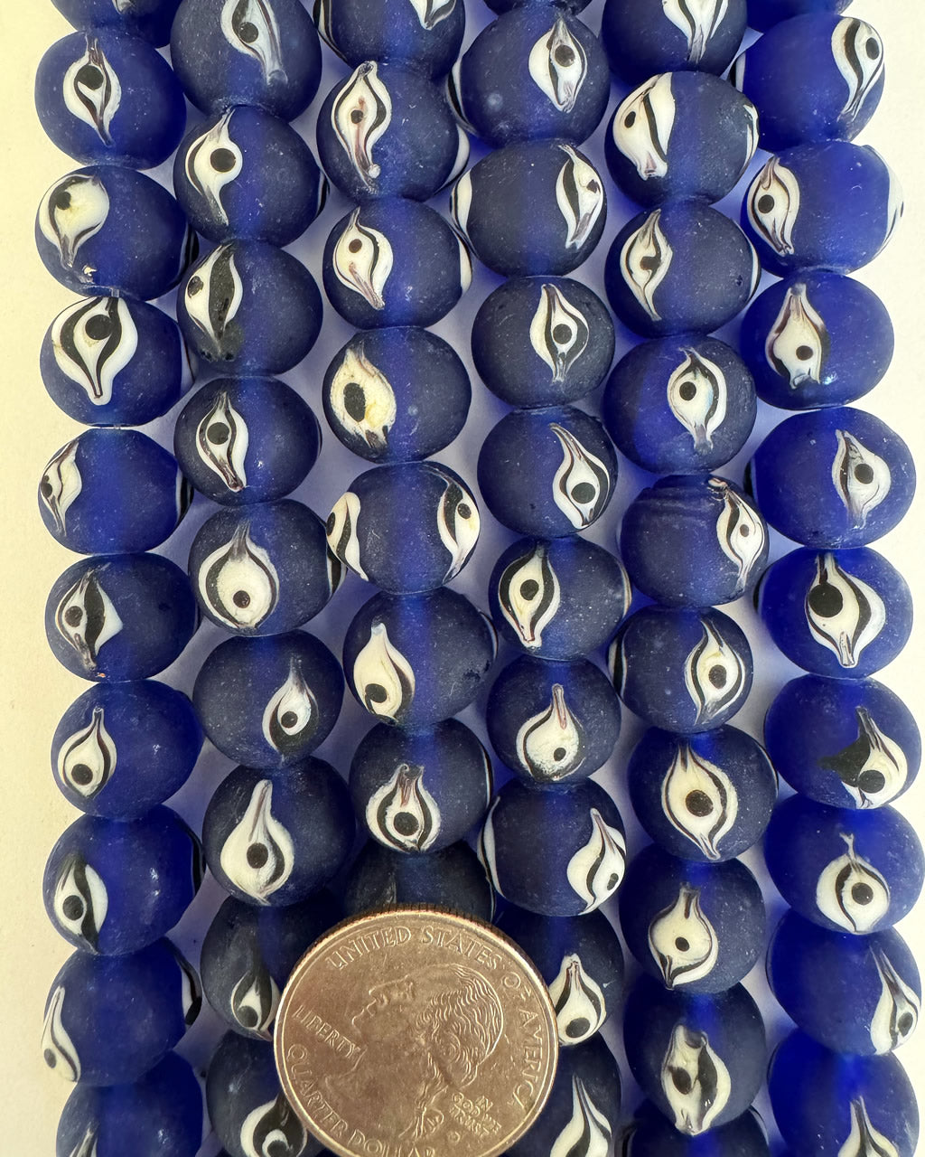 evil eye motif glass, matte finish, cobalt blue black white, 15x11mm mixed size rondelle, 15