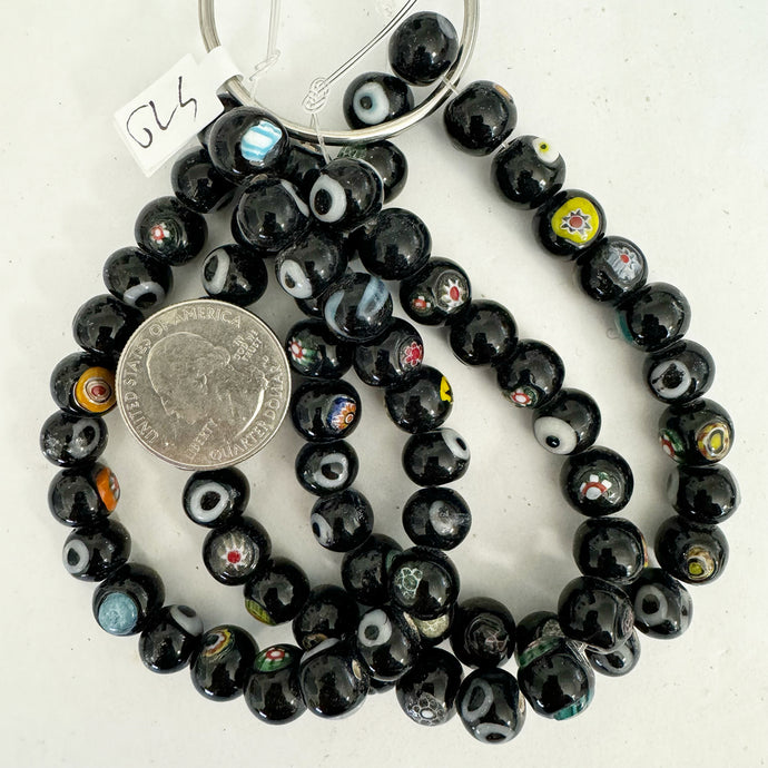 eye millefiori motif glass, black multi color, 10x8mm rondelle, 24 piece strand, sold per strand