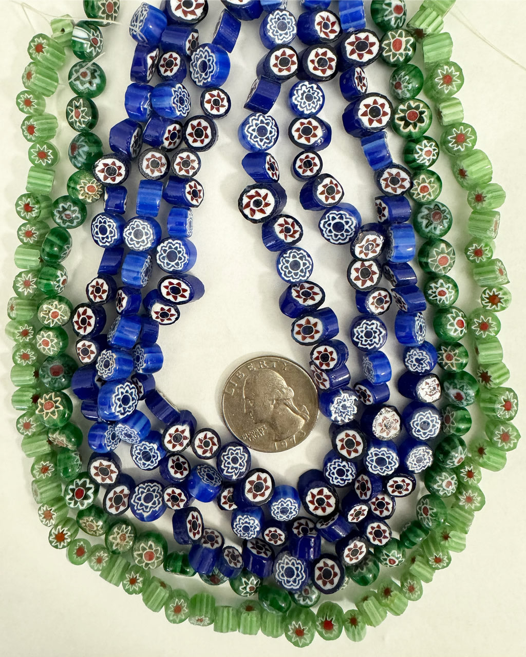 floral motif glass, color mix, 7-9mm coin mix, 15