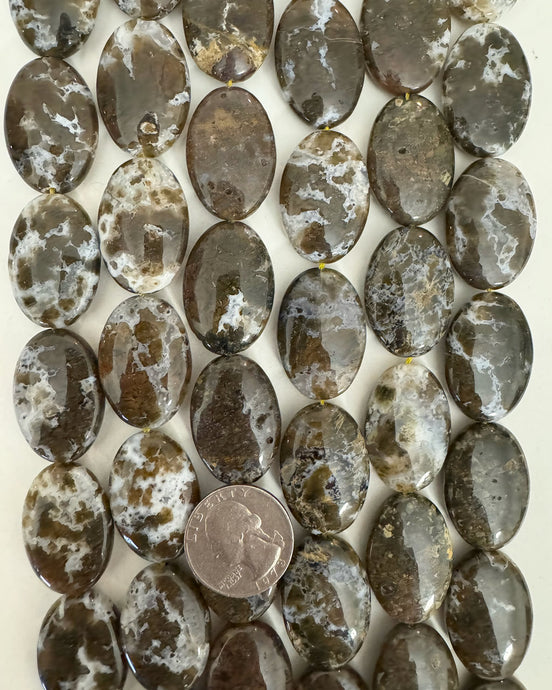 natural mustard brown white agate, 30x20x9mm oval, 15