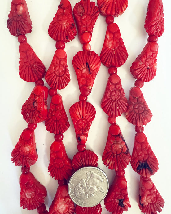 color enhanced ox blood coral, 27x17x8mm hand carved floral motif fan shape mixed size, 15