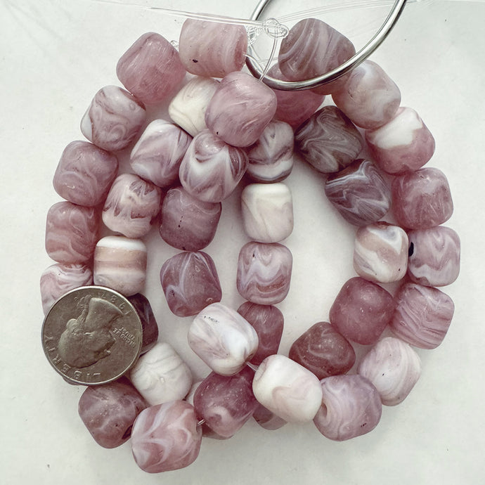 swirl motif glass, matte pale red purple white, 16x14mm barrel, 14 piece strand, sold per strand