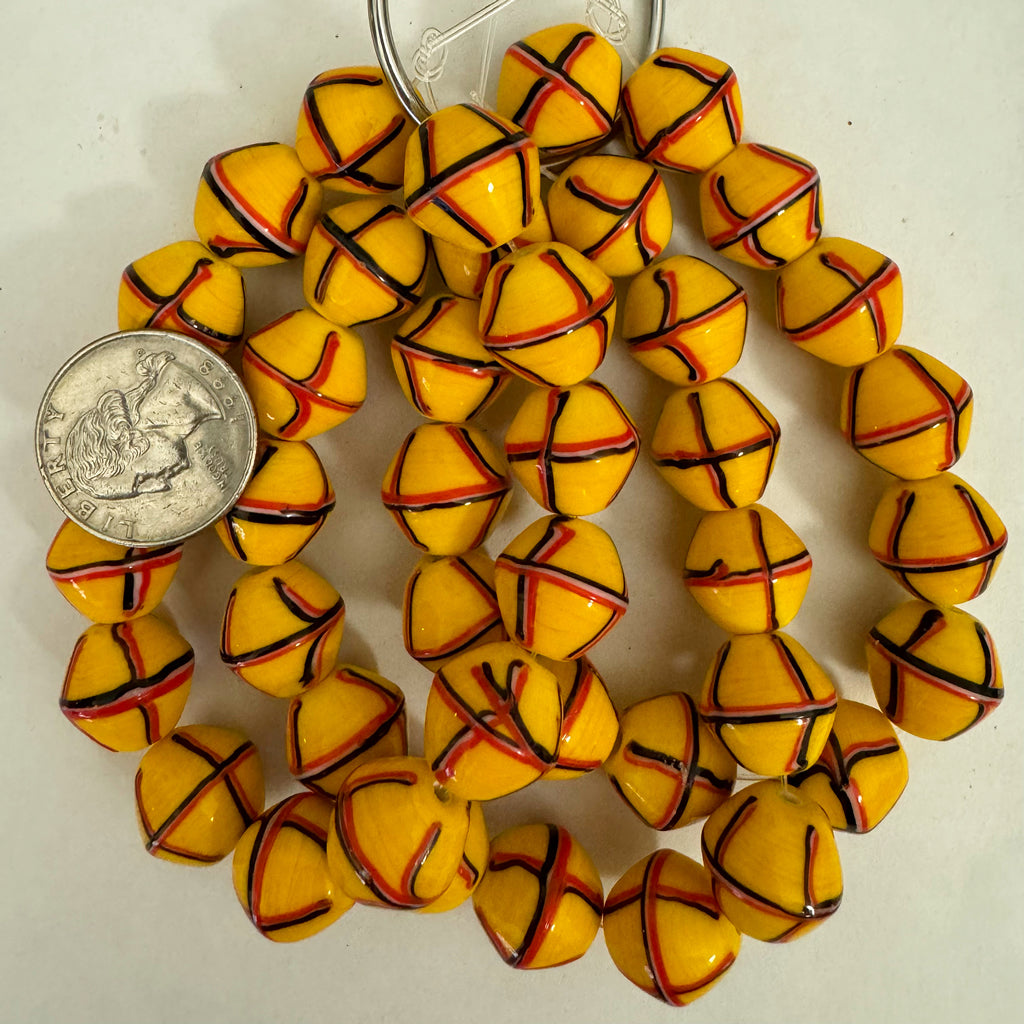 crossing lines motif glass, mustard yellow red white black, 15mm bicone, 14 piece strand, sold per strand