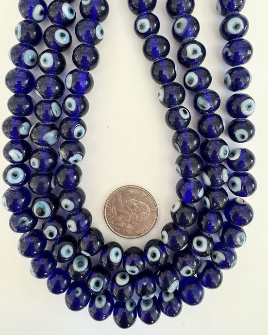 evil eye motif glass, cobalt blue light blue black white, 12x9mm mixed size rondelle, 15