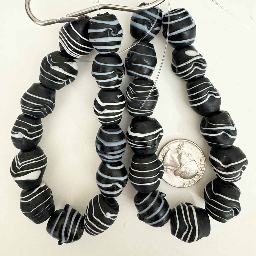 vintage look glass, matte finish, black and white, drawn stripe motif, 17mm twist barrel mix,  sold per 13pc strand