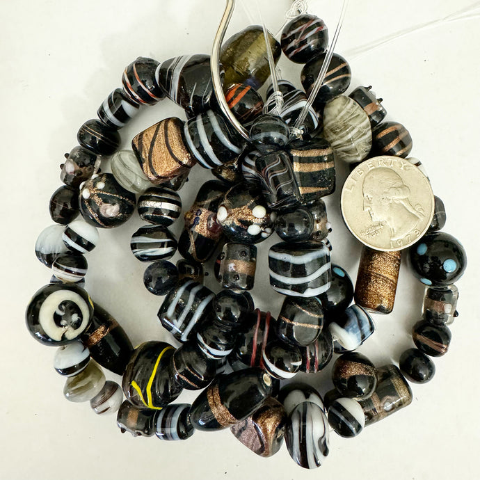 mixed motif glass, black white pearly copper tone mix, 9-24mm shape size mix, 8