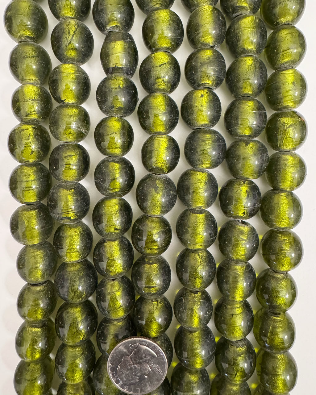 metallic inside lined glass, olive green, 17mm mixed size round, 15