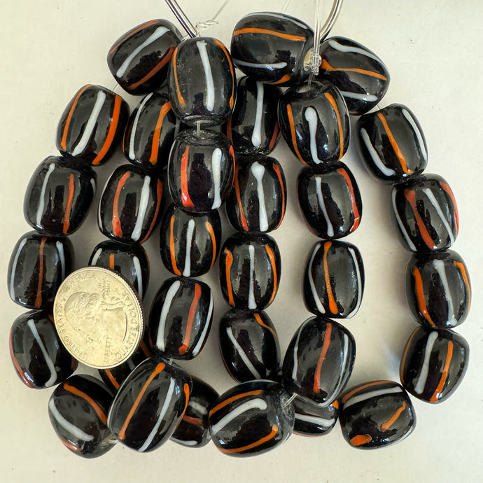 stripes motif glass, black white orange, 18x16mm barrel, 11 piece strand, sold per strand