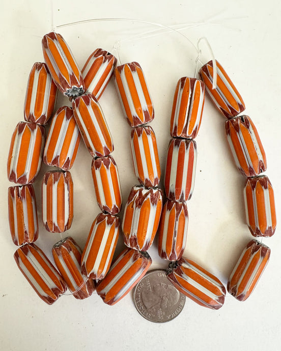 vintage chevron motif glass, white orange red black, 25-26mm tube mix, 3 strand closeout lot