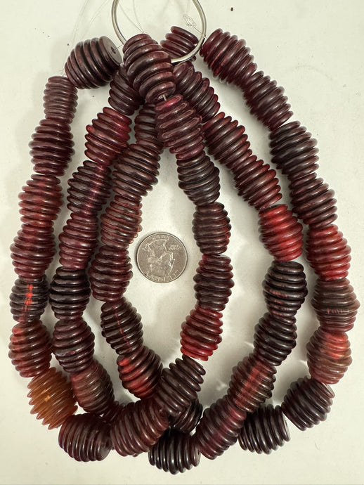 red horn, 24x18mm carved ridges bicone barrel tube, 15