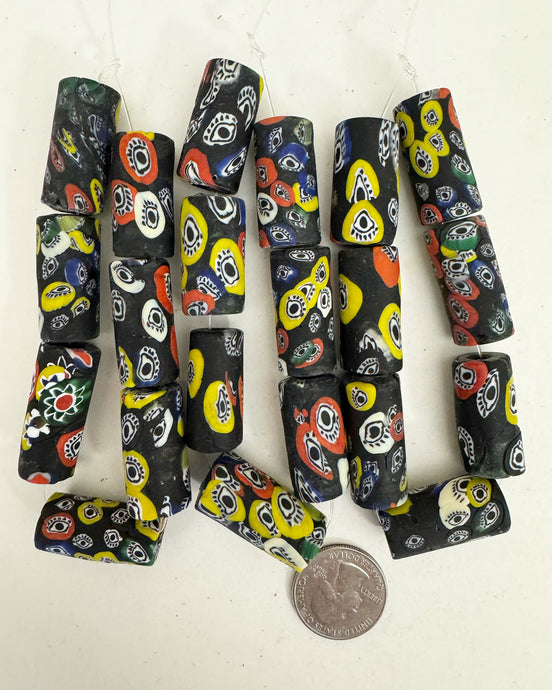 evil eye motif glass, matte mixed color black, 28x15mm tube, 3 strand closeout lot